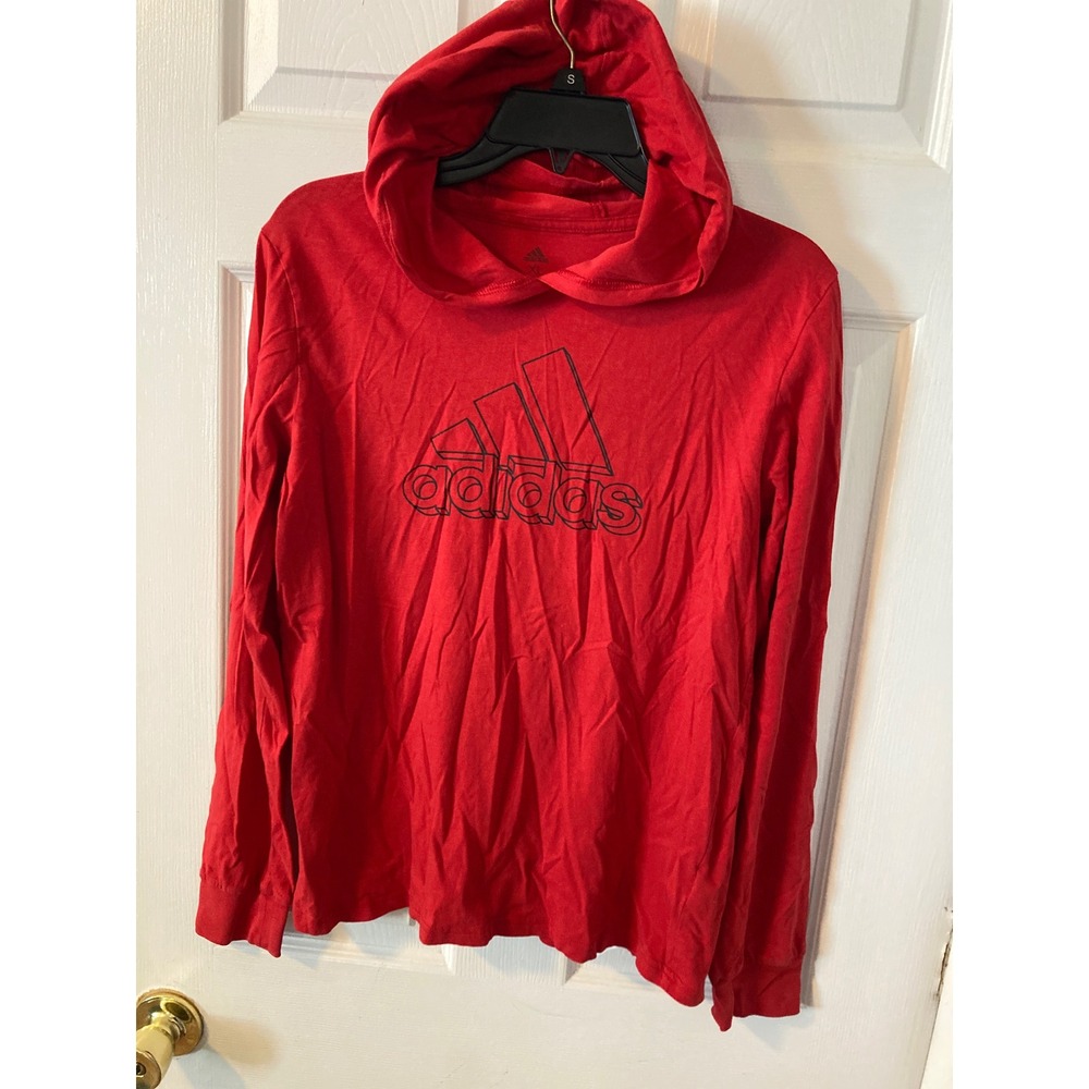 Adidas Boys XL Red Long Sleeve Hooded Tee Graphic Logo Shirt Regular Fit